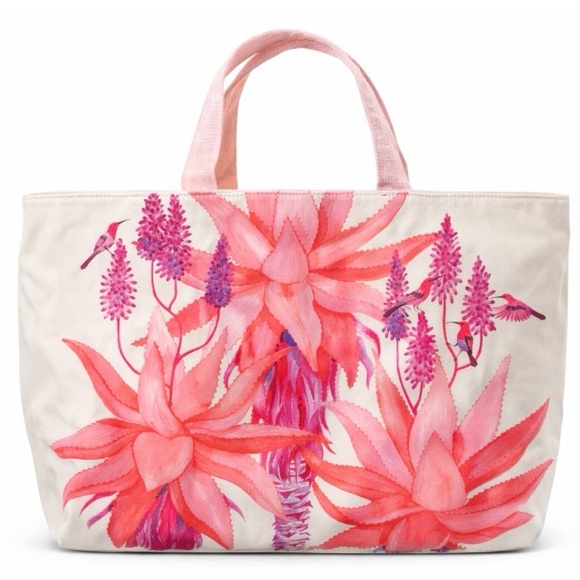 unbranded Handbags - Floral Tote Bag. Pink Botanical Hummingbird Canvas Beach Bag, 19.5 X 14”